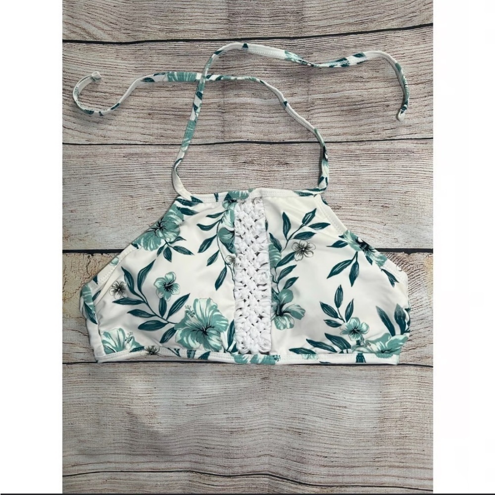 Ambrielle white and green floral print with crochet detail halter bikini top XL